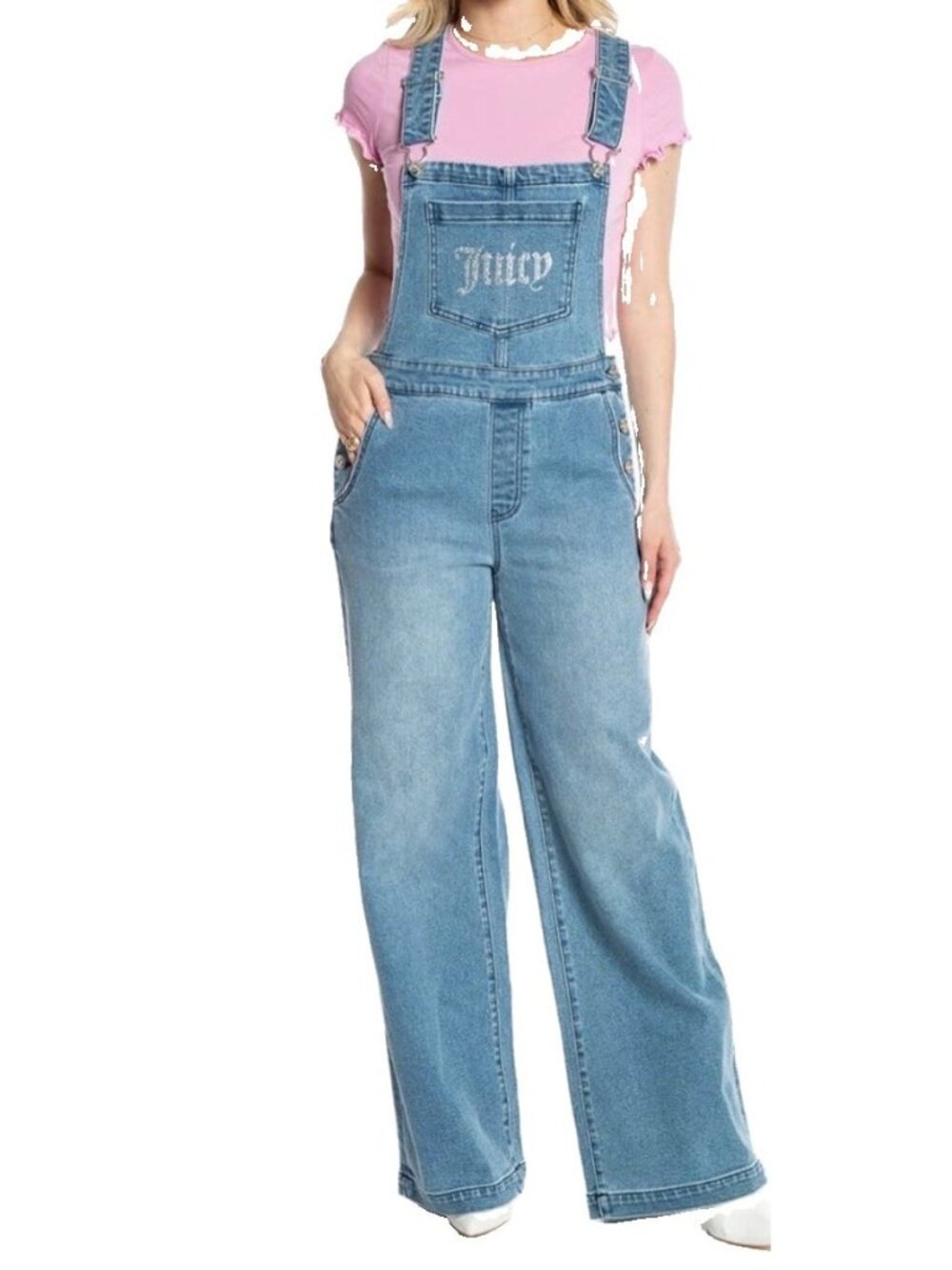Juicy Couture Overalls Women's Size L Blue Denim Wide Leg Rhinestone Logo
